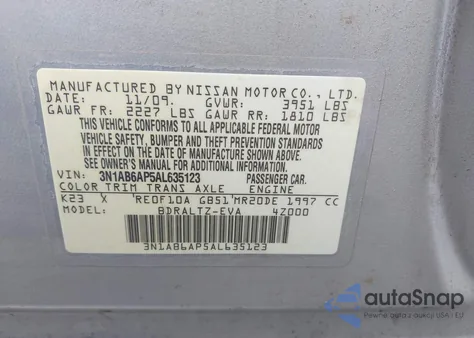 2010 Nissan Sentra 2.0Sr z USA, uszkodzony, nr VIN 3N1AB6AP5AL635123